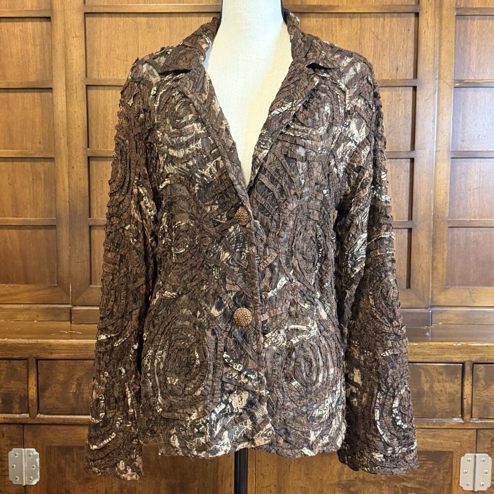 Parsley And Sage Women’s Boho Semi Sheer Brown Lace Fabric Rosette Blazer Large